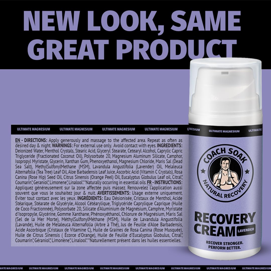 Coach Soak Magnesium Cream with MSM in Pump Bottle - Natural Recovery Cream with Magnesium Chloride & Menthol - Fast-Absorbing for Muscles & Joints, Lavender 3.4oz Coach SoakBuy Supplements Australia