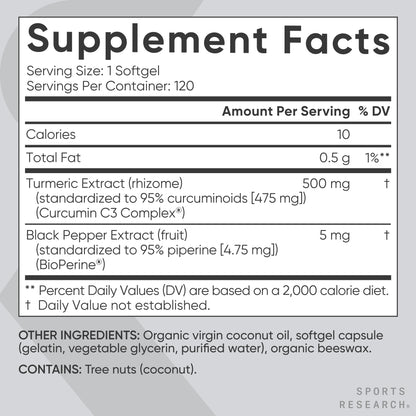 Sports Research® Turmeric Curcumin C3 Complex® w/BioPerine Black Pepper Extract & Organic Coconut Oil - Standardized 95% Curcuminoids · Non-GMO · Gluten Free - 120 Count Softgels Sports Research buy supplements Au