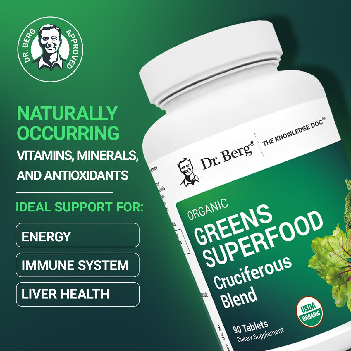 Dr. Berg's Greens Superfood Cruciferous Vegetable Tablets - Vegetable Supplements for Adults w/ 11 Phytonutrient Super Greens - Energy, Immune System & Liver Veggie Tablets - 90 Tablet