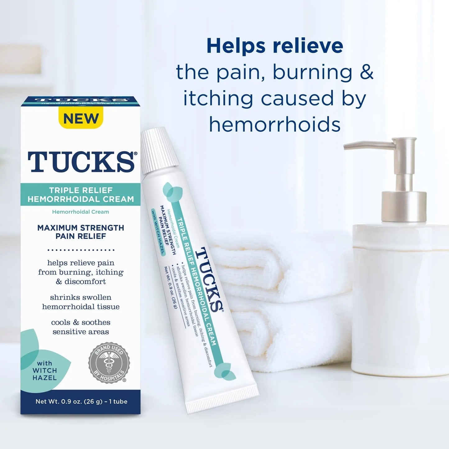 Tucks Triple Relief Hemorrhoidal Cream, Maximum Strength Pain Relief from Burning, Itching and Discomfort, with Witch Hazel, Treatment, Brand Used by Hospitals, 0.9oz. (26g) TUCKSBuy Supplements Australia
