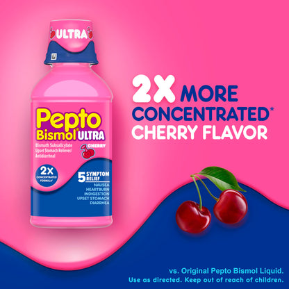 Pepto Bismol ULTRA Liquid for Nausea, Heartburn, Indigestion, Upset Stomach, and Diarrhea - 5 Symptom Fast Relief Medication for Adults, Cherry Flavor, 2x16 oz Pepto Bismol buy supplements Au