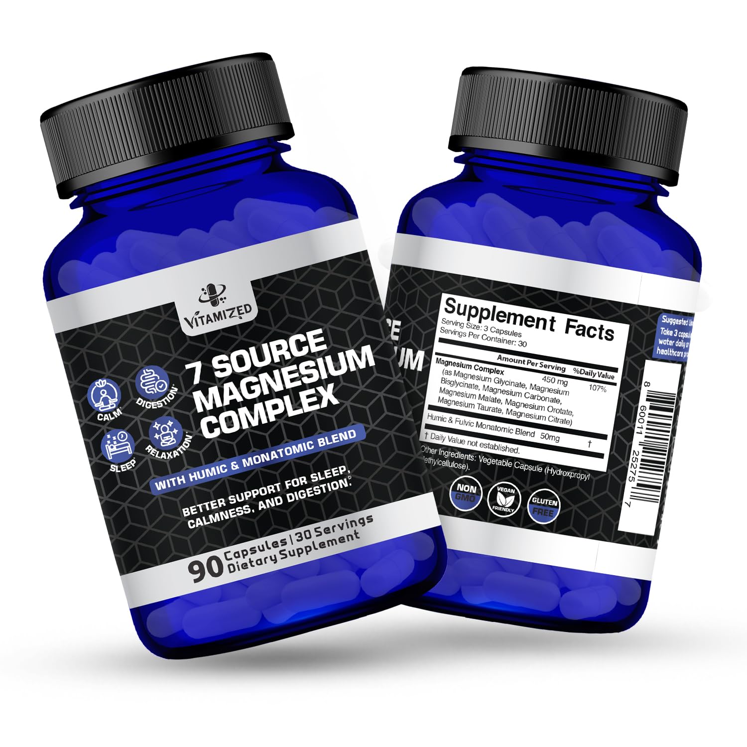 Magnesium Complex for Sleep, Relaxation, Digestion & Calm – Magnesium Glycinate, Citrate, Bisglycinate, Carbonate, Malate, Orotate, Taurate, + Humic/Fulvic for High Absorption - 90 ct. VITAMIZED buy supplements Au