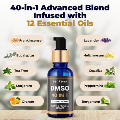 Zenrenu DMSO Cream 99.995% Pure Pharmaceutical Grade - 40-in-1 Advanced Formula -12 Essential Oils, Arnica, Aloe Vera, MSM - Fast-Absorbing Cream – 2 oz Glass Pump Bottle – Made in USA ZenrenuBuy Supplements Australia