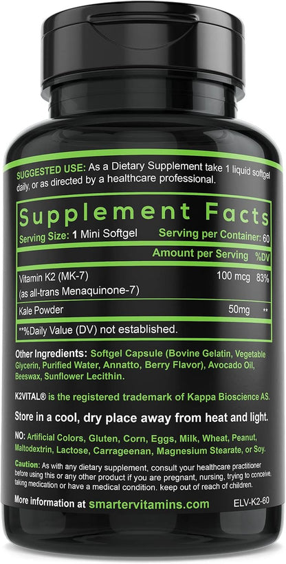 Vitamin K2 MK7 100mcg with K2VITAL for Bone & Heart Support – 60 Softgels | Made with K2VITAL MK-7 and kale powder in convenient liquid softgels for daily vitamin K2 supplementation.