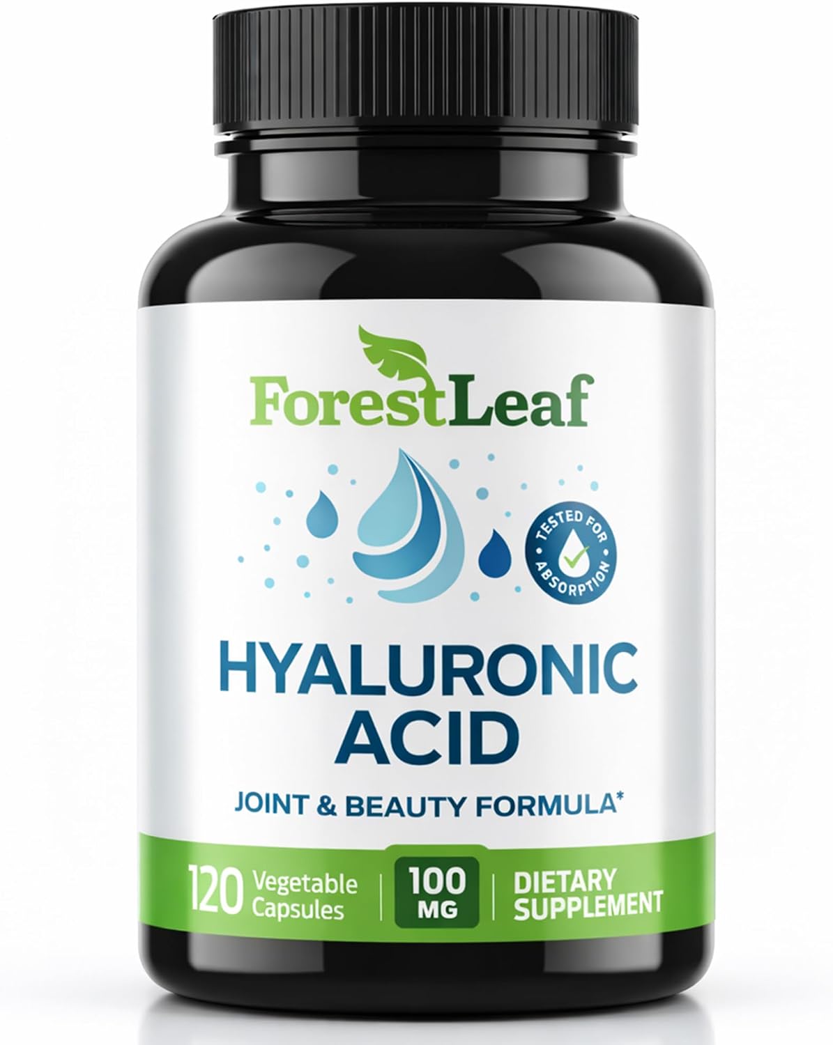 ForestLeaf Hyaluronic Acid Supplements | 100mg High Bioavailable Dietary Hyaluronic Acid Powder Capsules + 50mg VIT C | Supports Skin Hydration, Joint Lubrication, Anti-Aging, Hair & Nails | 120 Caps
