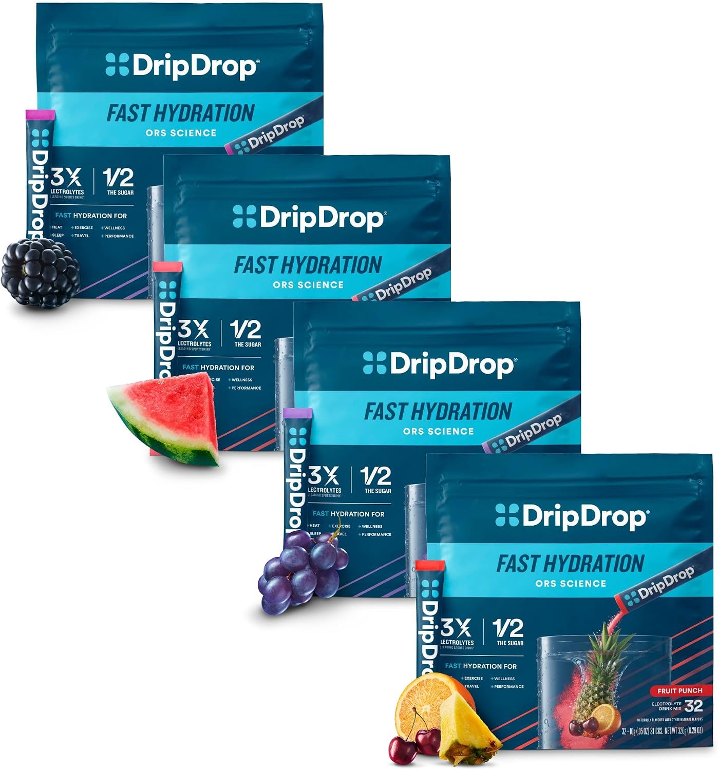 DripDrop Hydration Variety Value Bundle Electrolyte Packets, 128 Count | Watermelon, Berry, Fruit Punch, Grape; 3X Electrolytes, Vitamin C, Magnesium, Zinc; Single Serve Powder Drink Mix; Daily Use