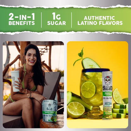 Salud 2-Pack | 2-in-1 Hydration + Immunity (Tamarindo) & Energy + Focus (Cucumber Lime) – 15 Servings Each, Agua Fresca Drink Mix, Non-GMO, Gluten Free, Vegan, Low Calorie, 1g of Sugar