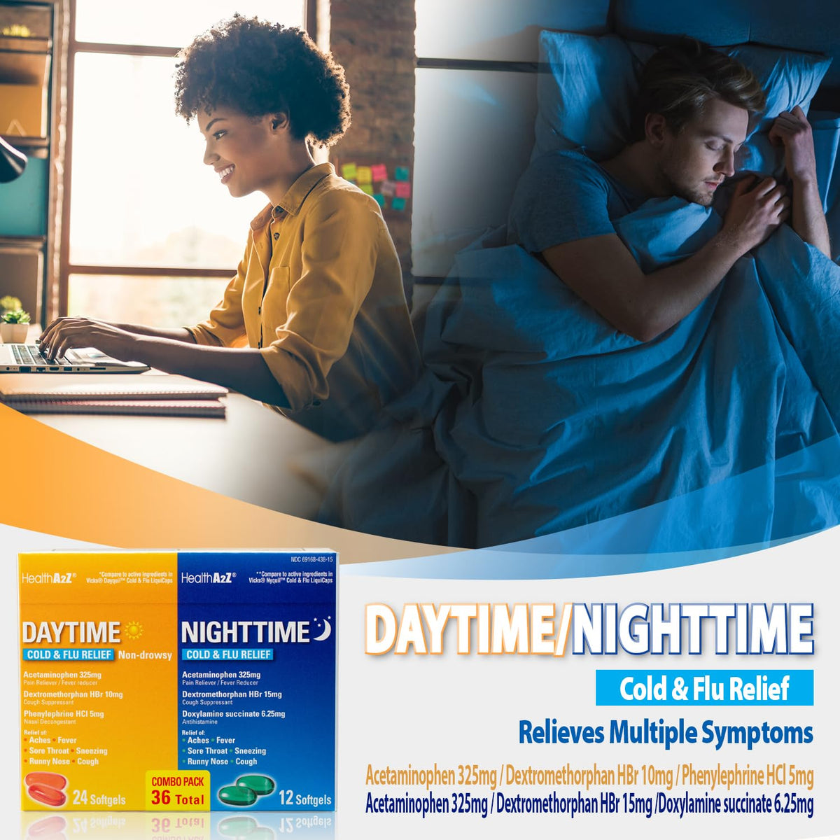 HealthA2Z® Daytime and Nighttime | Cold & Flu Medicine | Powerful Multi-Symptom Relief (24 Daytime & 12 Nighttime Softgels) (Combo (36 Count Pack of 1)) HealthA2Z buy supplements Au