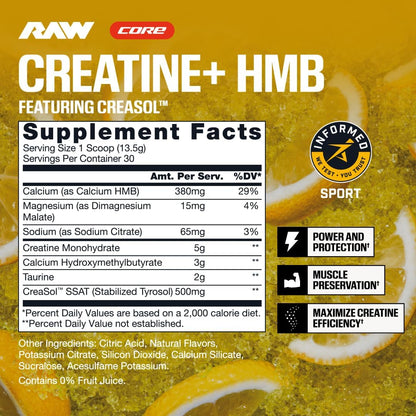 RAW Creatine Plus HMB, Champion Mentality, Creatine HMB Powder - Creatine Monohydrate Powder with 3G HMB, Taurine & No Added Sugar, Muscle Mass Growth, Strength Building & Enhanced Energy, 30 Servings