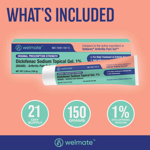 WELMATE - Diclofenac Sodium Topical Gel 1% (5.29 oz) - Arthritis Pain Reliever & Mobility Aid - Pain Relief Cream/Gel