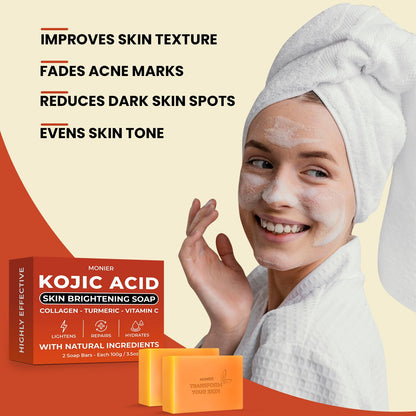 MONIER Kojic Acid Soap - Dark Spot Remover Soap Bars - with Collagen | with Collagen, Turmeric, Coconut Oil, Vitamin C, Vitamin E, Moisturizing & Nourishing, Original Japanese Complex
