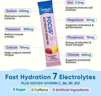Venture Pal Sugar Free Hydration + Focus Electrolyte Packets, 16 Sticks | 7 Electrolytes + Vitamins, Magnesium, Lion's Mane & Ashwagandha, Boost Clarity & Energy, Electrolytes Powder, Vegan, Keto