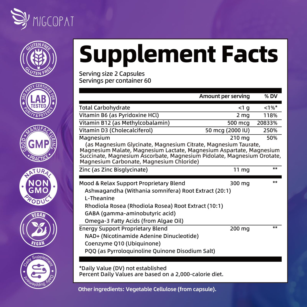 Migcopat Magnesium Complex w/Magnesium Glycinate, Malate, Citrate | 24-in-1 Magnesium Supplement w/Ashwagandha, L-Theanine & NAD+ | Supports Calm, Energy, Muscle & Sleep | Non-GMO, 120 Vegan Caps Migcopat buy supplements Au