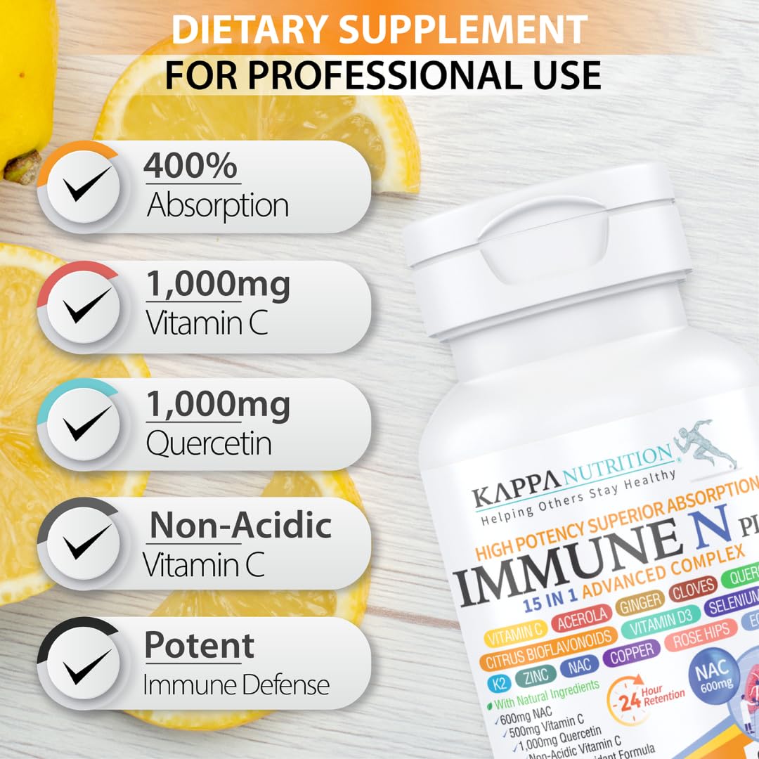 (90 Capsules), NAC 600mg, Quercetin 1,000mg, Vitamin C 500mg, Zinc 50mg, Vitamin D3 5,000iu, Selenium, Copper, Acerola, Ginger, Rutin, Citrus Bioflavonoids, Rose Hips, Echinacea, Immune N Plus 15 in 1 KAPPA NUTRITION buy supplements Au