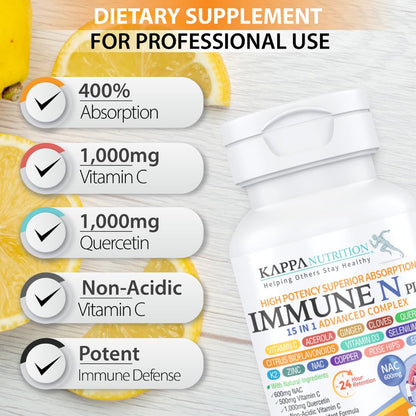 (60 Capsules), NAC 600mg, Quercetin 1,000mg, Vitamin C 500mg, Zinc 50mg, Vitamin D3 5,000iu, Selenium, Copper, Acerola, Ginger, Rutin, Citrus Bioflavonoids, Rose Hips, Echinacea, Immune N Plus 15 in 1 KAPPA NUTRITION buy supplements Au