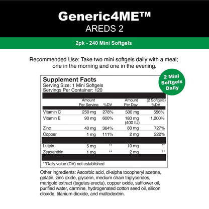 Generic4ME AREDS 2 SoftGels, 500 mg Vitamin C, 400 IU Vitamin E, 10 mg Lutein, 2 mg Zeaxanthin, 80 mg Zinc, 2 mg Copper - Supports Eye Health - 240 Mini SoftGels (Four Month Supply) Generic4MEBuy Supplements Australia