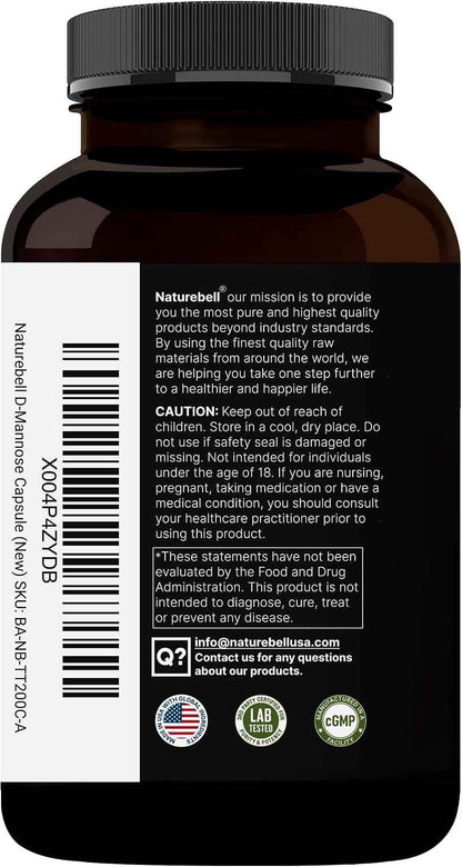 NatureBell D-Mannose 500mg Capsules (2,000mg Per Serving) | 240 Veggie Capsules + Cranberry Concentrate 40mg – Fast Acting Urinary Tract Health Pills – Ultra UTI Support for Women & Men