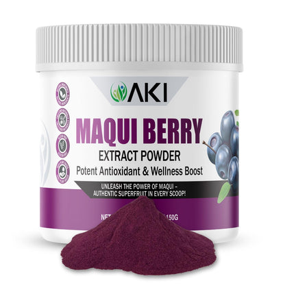MAKI Maqui Berry Extract Powder container with powder spilling out on a white background