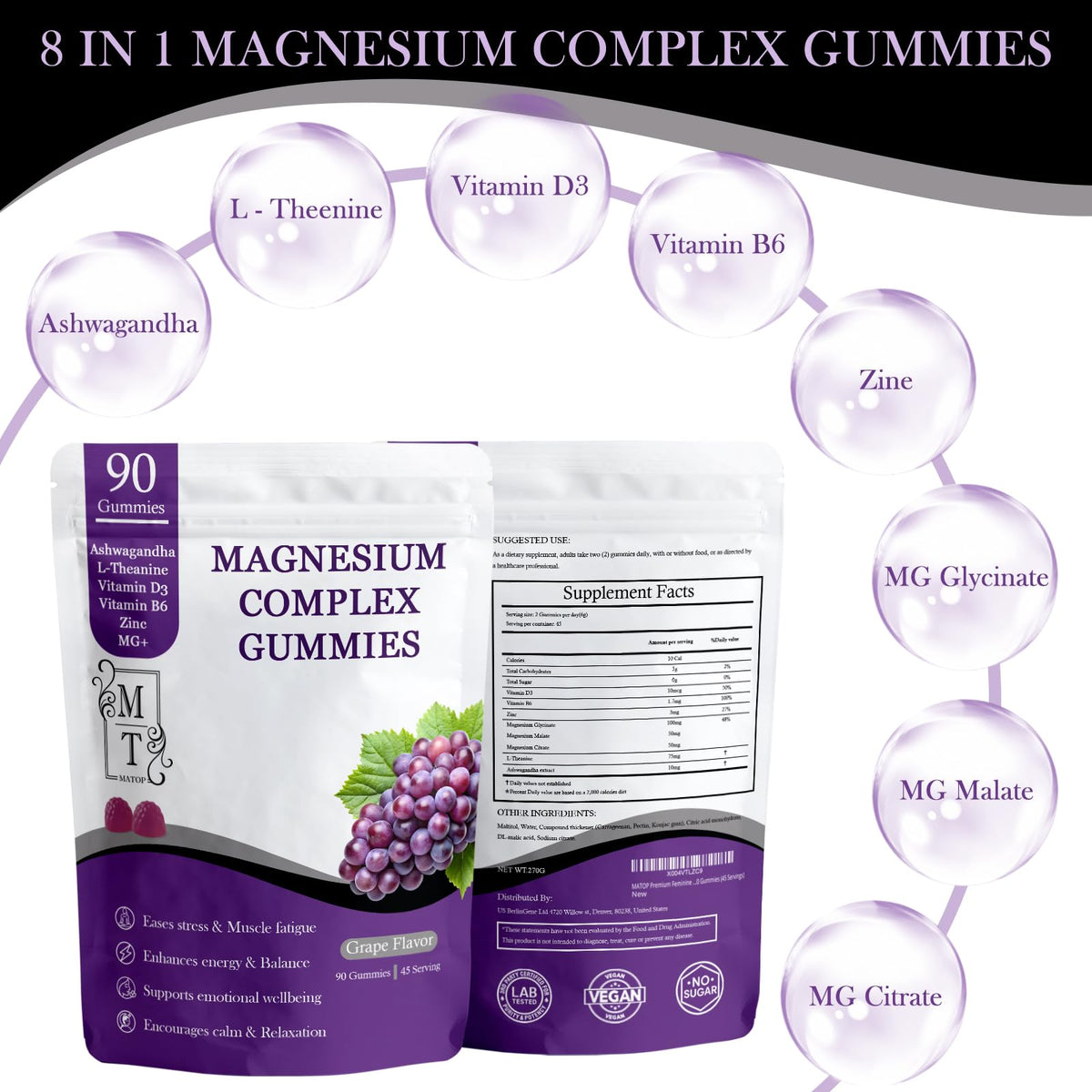 MATOP Magnesium Complex for Women Gummies - 8 in 1 Triple Magnesium Complex (Glycinate, Malate, Citrate) with L-Theanine, Ashwagandha, Vitamin D3, B6 & Zinc - Stress, Calm & Focus - 90 Vegan Gummies MATOP buy supplements Au