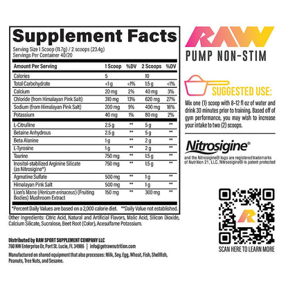 RAW Pump Stim Free Pre Workout (Watermelon) - Non-Stimulant Pre Workout Supplement Powder Nitric Oxide Booster - Pre Workout Supplements Drink for During Workout - 40 Servings