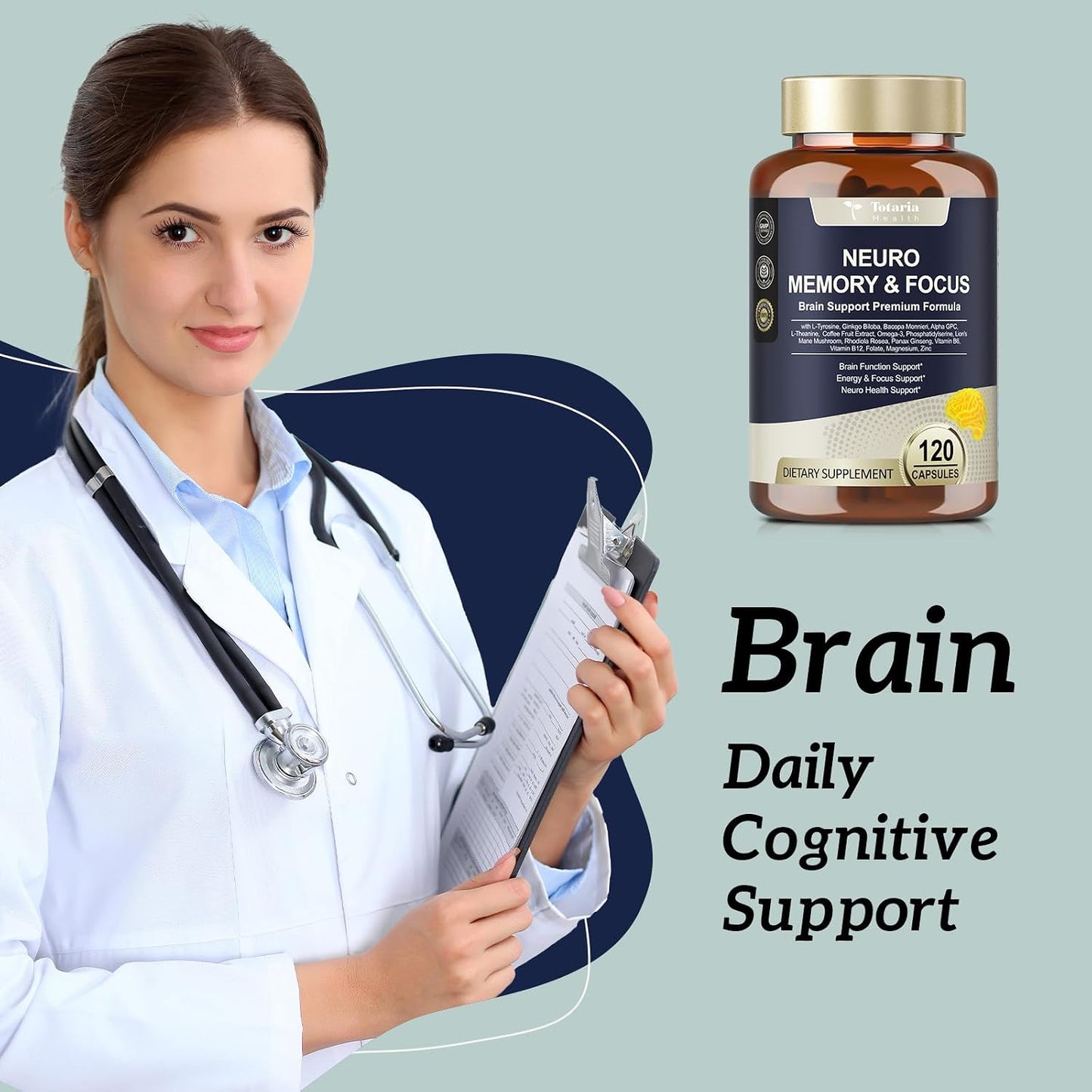 Totaria Brain Supplements for Memory and Focus, Brain Health with L-Tyrosine, Alpha GPC, Ginkgo Biloba, Bacopa Monnieri, Nootropic Cognitive Support - Non-GMO, Gluten Free (120 Counts)