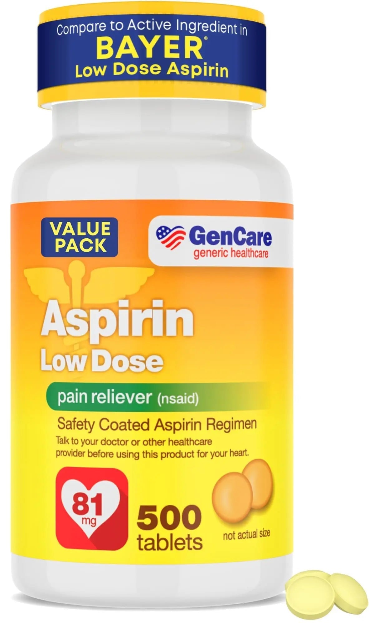 GenCare - Low Dose Aspirin 81mg for Adults Coated (NSAID) 500 Tablets | Adult Low Dose | Enteric Coated Aspirin Pills | Muscle Pain & Menstrual Pain Relief | Fever Reducer | Generic Bayer GenCareBuy Supplements Australia