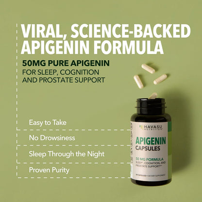 Apigenin Capsules 50mg, 60 Count, Sleep & Cognitive Support Supplement | Melatonin-Free Sleep Support, Chamomile Flavonoid for Relaxation & Cognitive Function, Vegan, Non-GMO, 2-Month Supply