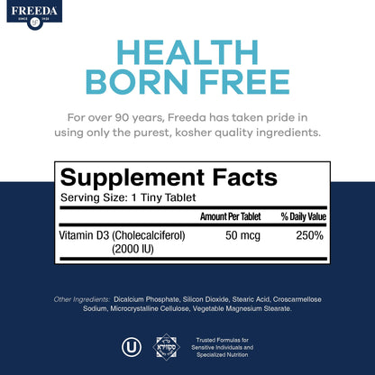 FREEDA Pure Vitamin D3 2000 IU Supplement – 250 Tiny Tablets | Moderate Strength Vitamin D3 Supplement - 50 mcg (2,000 IU) Supporting Bone, Joint, Muscle, and Immune Health for Women & Men