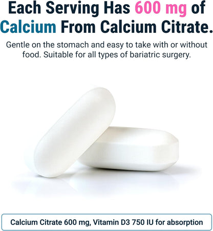 BariatricPal Easy Swallow Calcium Citrate (600mg) and D3 Coated Tablets (30-Day Supply)