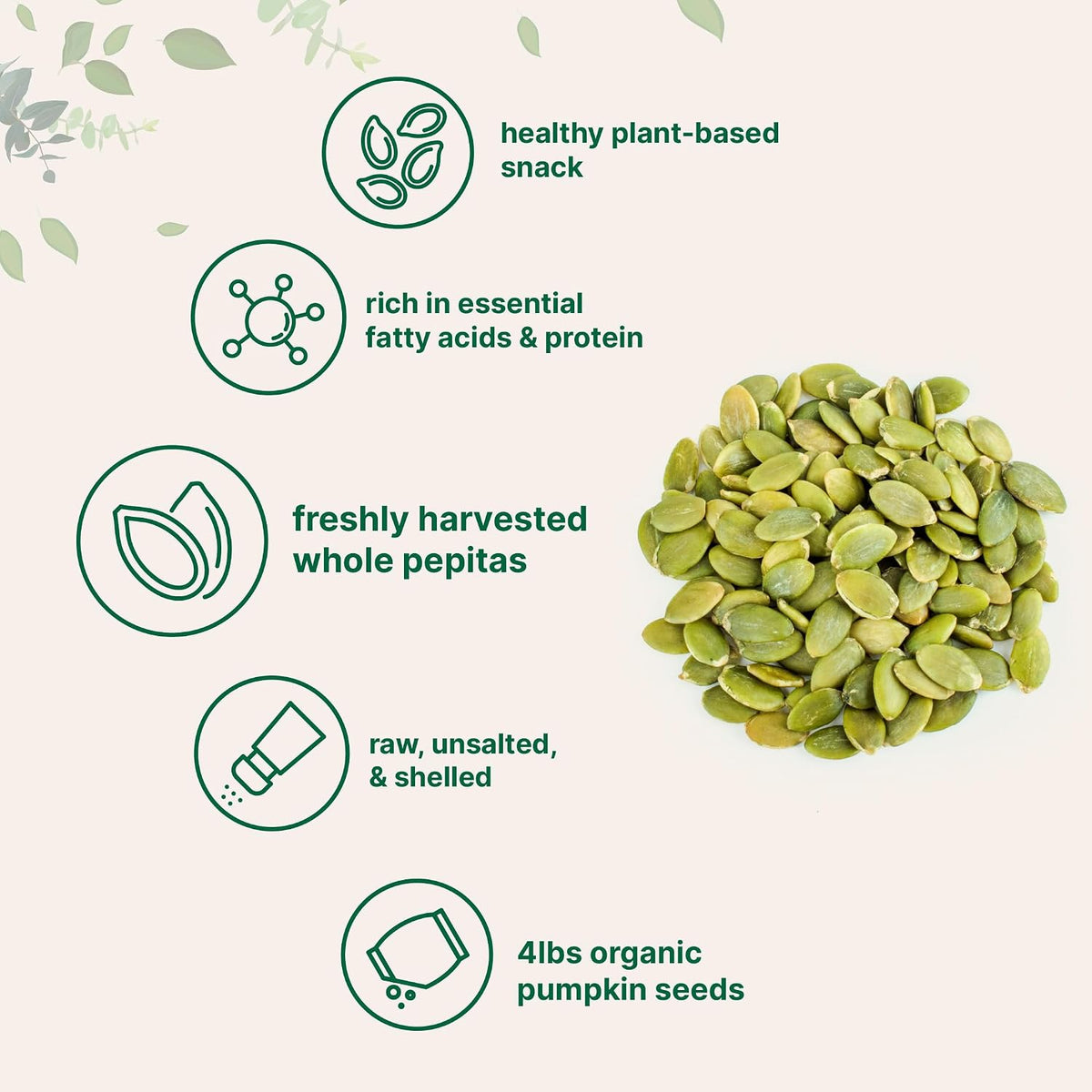 Organic Pumpkin Seeds, 4lbs | Raw, Unsalted, & Shelled – Whole Pepitas | Pumpkin Seeds to Eat | Great for Baking, Smoothies, & Salad Toppings | Natural Source of Essential Fatty Acids, Protein, & Iron