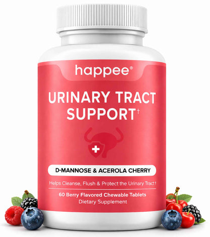 Happee Urinary Tract Health Supplement for Women & Men, Fast-Acting UTI Relief and Prevention, 500mg D-Mannose & Antioxidants, Supports Kidney and Bladder Health, Berry Flavor, 60 Chewables