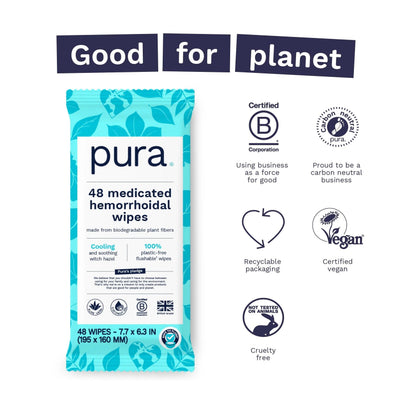 Pura Flushable Hemorrhoid Wipes XL, 48 Count, Medicated with Cooling Witch Hazel, Aloe & Coconut Oil, Fast Relief, Fragrance-Free, 100% Plastic-Free PuraBuy Supplements Australia