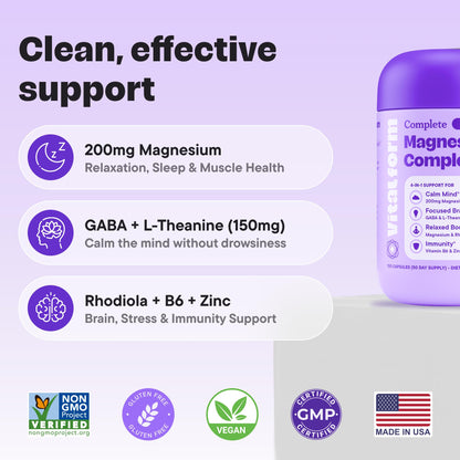 VitalForm Magnesium Glycinate Sleep Complex – Non-Habit Forming Support with L-Theanine, GABA, Zinc & Rhodiola – Promotes Relaxation, Calm & Muscle Recovery – Non-Melatonin – 100 Capsules VitalFormBuy Supplements Australia