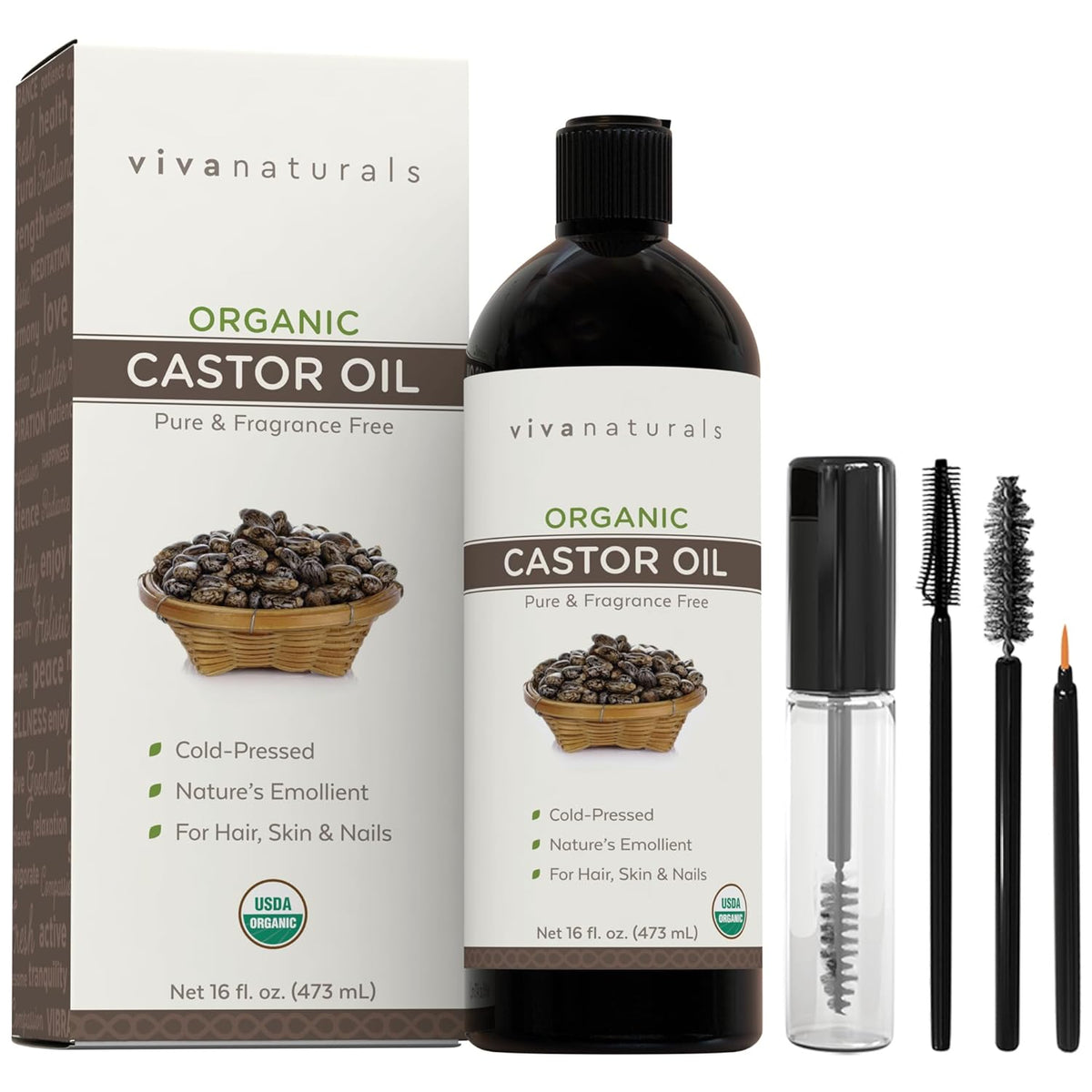 Viva Naturals Organic Castor Oil, Cold-Pressed, 16 fl oz – For Face, Hair, Eyelashes, USDA Organic, Non-GMO - With Beauty Kit