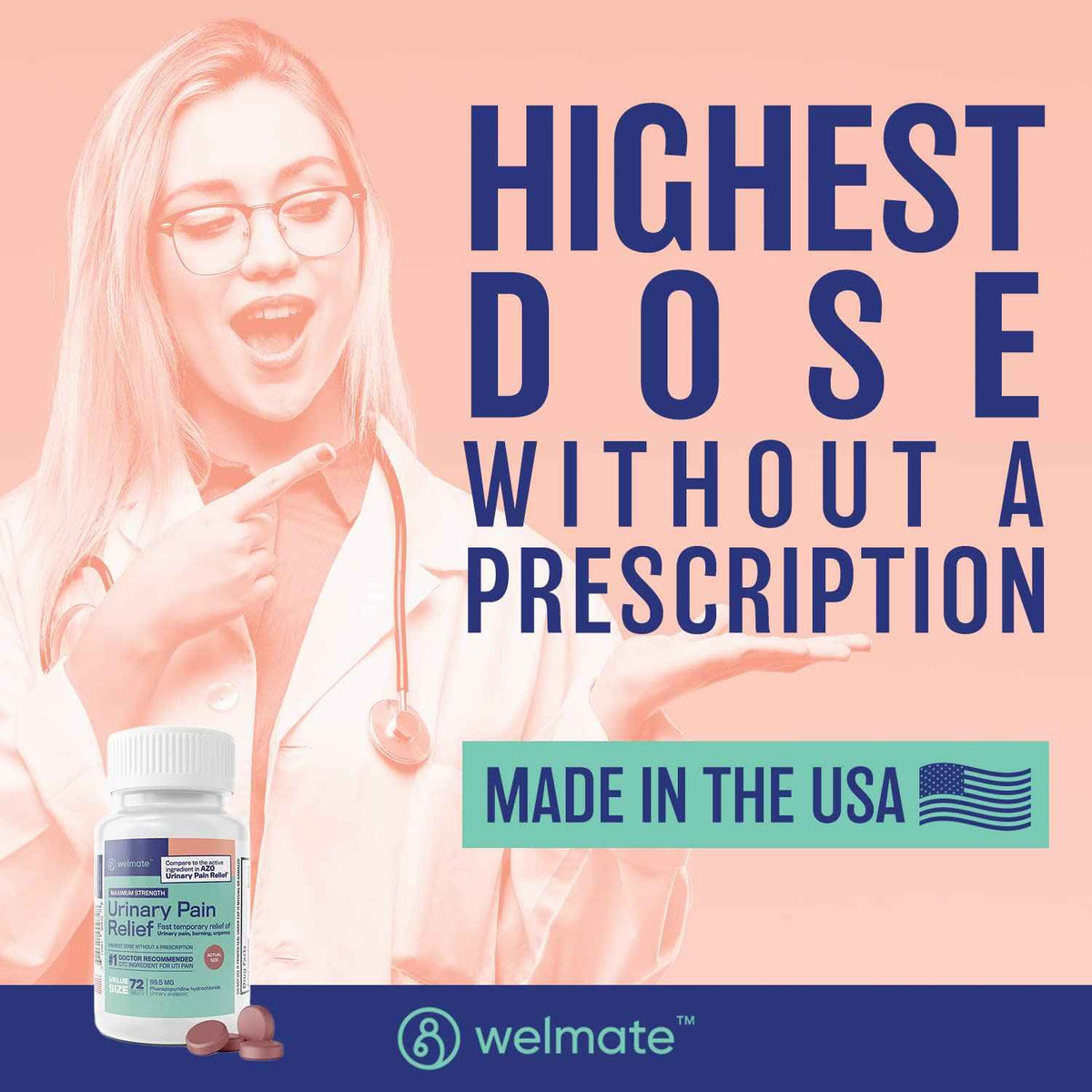 WELMATE Urinary Pain UTI Relief Maximum Strength (Phenazopyridine HCL) - Improve Urinary Tract Health & Bladder Control, Urgency, & Discomfort | Over-The-Counter Medication for Men & Women (72 Pills)