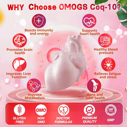 OMOGS CoQ10 200mg Softgels, Coenzyme Q10 High Absorption Supplements Support Heart Health, Cardiovascular Health, Immune System & Cellular Energy Production, Gluten Free, 90 Softgels