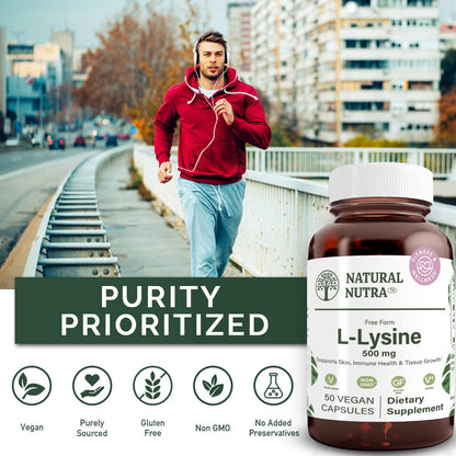 Natural Nutra L Lysine HCl Supplement, Vegan, 500 mg, 250 Capsules | Promotes Bone Health & Growth, Supports Skin Health, Improves Vitamin C Absorption, Improves Calcium Absorption, Non-GMO