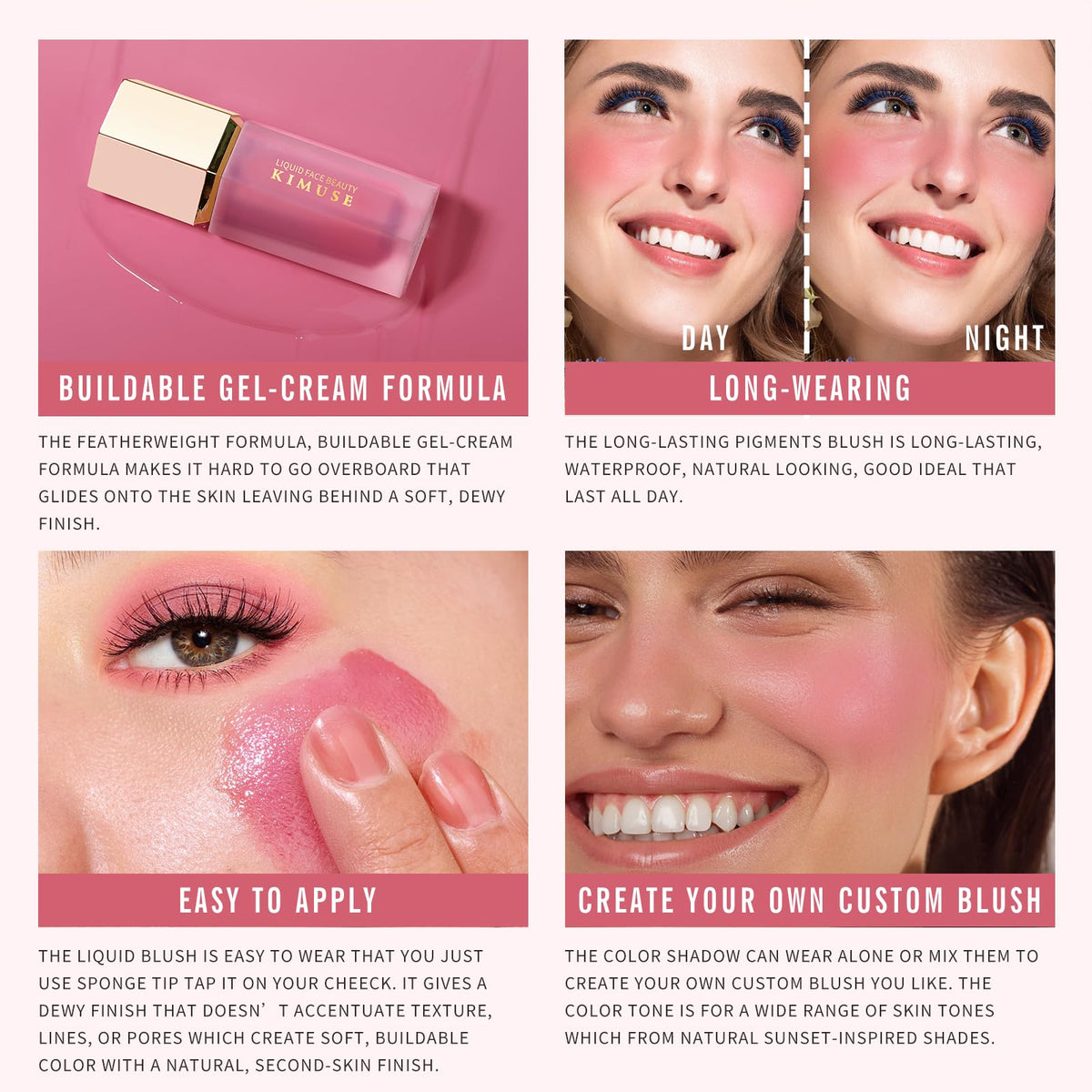 KIMUSE Liquid Blush, Long-Wearing Pigmented Soft Cream Face Blush, Waterproof, Smudge Proof, Dewy Finish KIMUSEBuy Supplements Australia