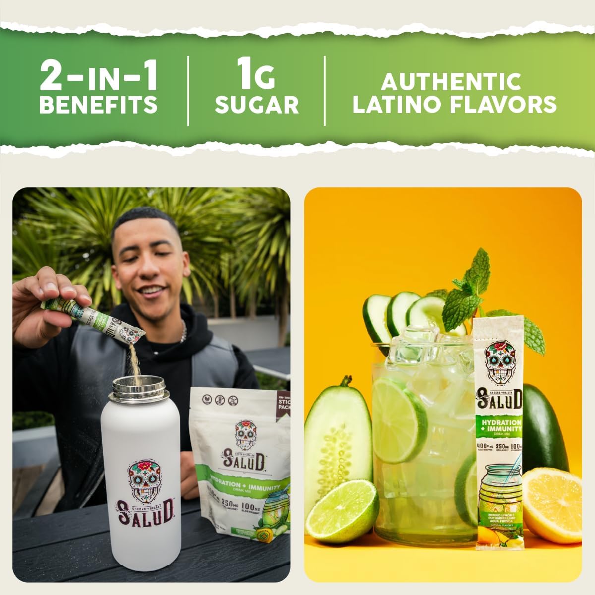 Salud 2-Pack |2-in-1 Energy + Focus (Strawberry Watermelon) & Hydration + Immunity (Cucumber Lime) – 15 Servings Each, Agua Fresca Drink Mix, Non-GMO, Gluten Free, Vegan, Low Calorie, 1g of Sugar