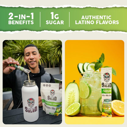 Salud 2-Pack |2-in-1 Energy + Focus (Strawberry Watermelon) & Hydration + Immunity (Cucumber Lime) – 15 Servings Each, Agua Fresca Drink Mix, Non-GMO, Gluten Free, Vegan, Low Calorie, 1g of Sugar