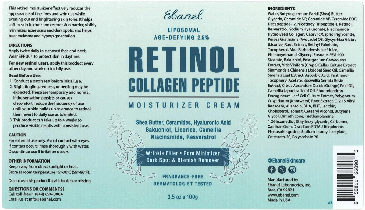 Ebanel Retinol Cream for Face 3.5 oz, Moisturizer with Collagen, Peptides, Ceramides, Hyaluronic Acid, Vitamin C & B5, Firming Anti Aging Face Cream for Wrinkles, Fine Lines, Dark Spots, Day & Night