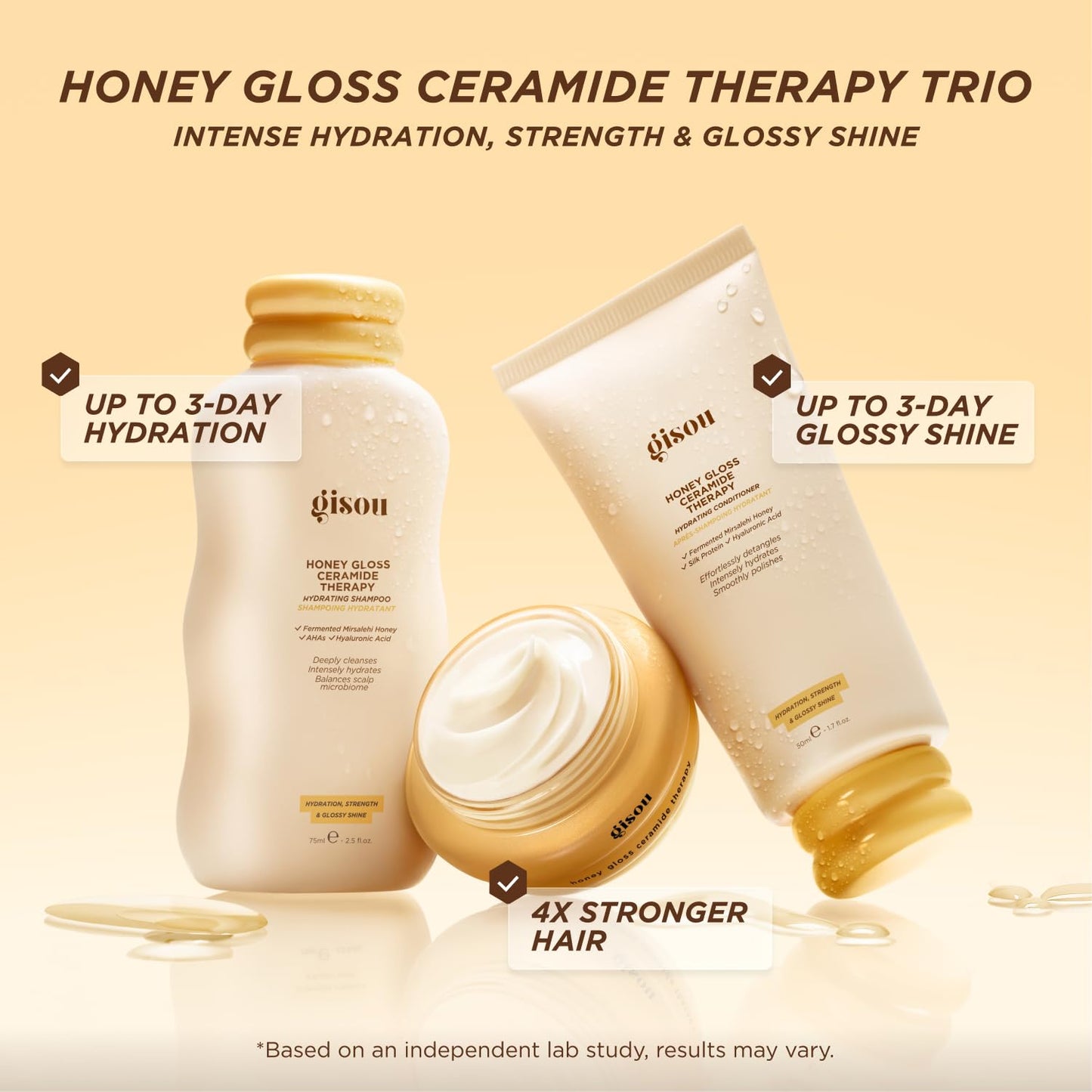 Gisou Honey Gloss Hair Therapy Trio - Mini Shampoo, Hair Mask and Conditioner for smoother, stronger and glossier hair GisouBuy Supplements Australia