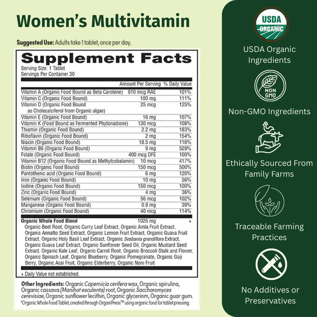 EarthFirst Organic Women’s Multi Once Daily, Women's Multivitamin, Iron, Vitamin B12 & More, 19 Vitamins from Herbs & Superfoods, 30 Count EarthFirst Organic