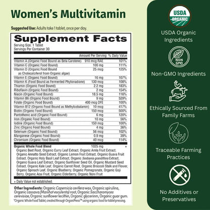 EarthFirst Organic Women’s Multi Once Daily, Women's Multivitamin, Iron, Vitamin B12 & More, 19 Vitamins from Herbs & Superfoods, 30 Count EarthFirst Organic