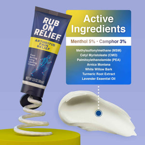 RUB ON RELIEF Arthritis Pain Relief Cream – 10-in-1 Non-Greasy Joints Pain Cream for Knees, Back, Neck, Hands, & Muscle Aches with Menthol, Camphor, Arnica, MSM & Turmeric Up to 8 Hours, 3oz (1 Pack)