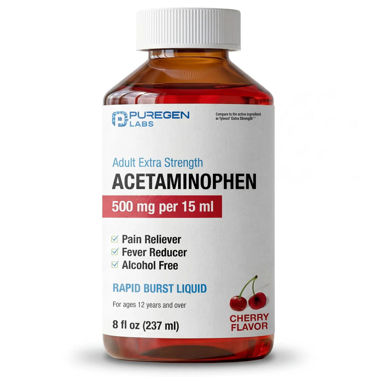 Puregen Labs Adult Extra Strength Acetaminophen Liquid 500mg/15ml - 8 fl oz Rapid Burst Pain Reliever/Fever Reducer, Cherry Flavor | Muscle & Joint Pain Relief | Arthritis Pain Relief P Puregen LabsBuy Supplements Australia