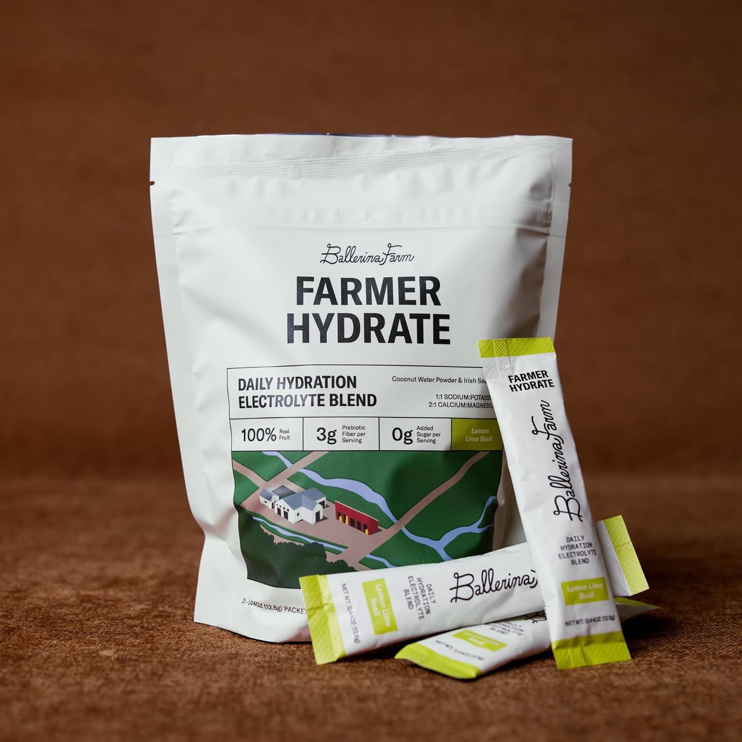 Ballerina Farm Farmer Hydrate Lemon Lime Basil Electrolyte Powder Packets | Travel Ready, Organic Coconut Water, Irish Sea Moss, French Sea Salt, 210mg Sodium, 25 Count