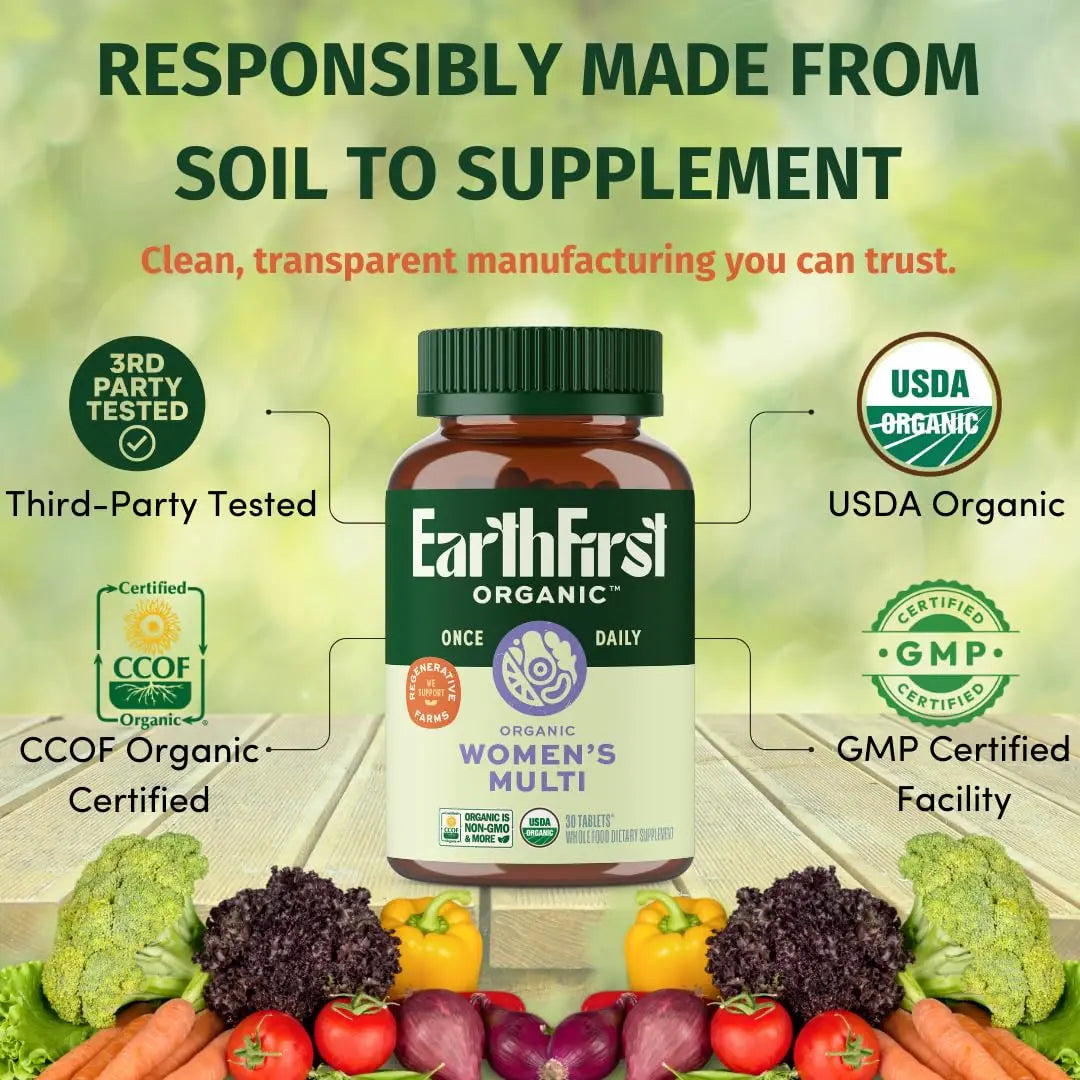 EarthFirst Organic Women’s Multi Once Daily, Women's Multivitamin, Iron, Vitamin B12 & More, 19 Vitamins from Herbs & Superfoods, 30 Count EarthFirst Organic