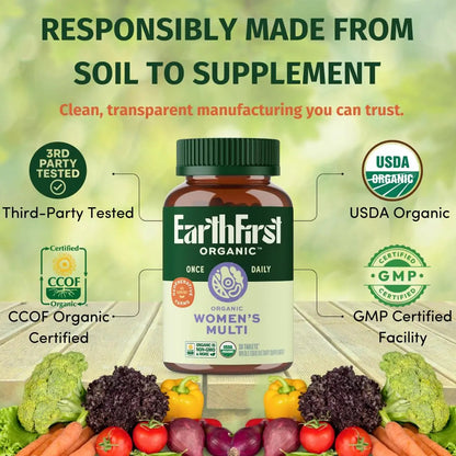 EarthFirst Organic Women’s Multi Once Daily, Women's Multivitamin, Iron, Vitamin B12 & More, 19 Vitamins from Herbs & Superfoods, 30 Count EarthFirst Organic