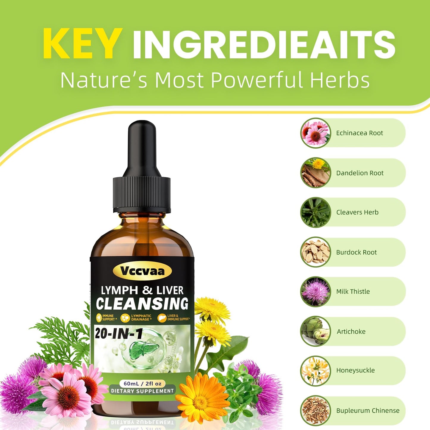 Vccvaa Lymph & Liver Cleanse - 20-in-1 Lymphatic Drainage & Liver Detox Supplement with Milk Thistle, Echinacea, Fucoxanthin - 60mL Liquid Formula for Immune & Digestive Support Vccvaa buy supplements Au